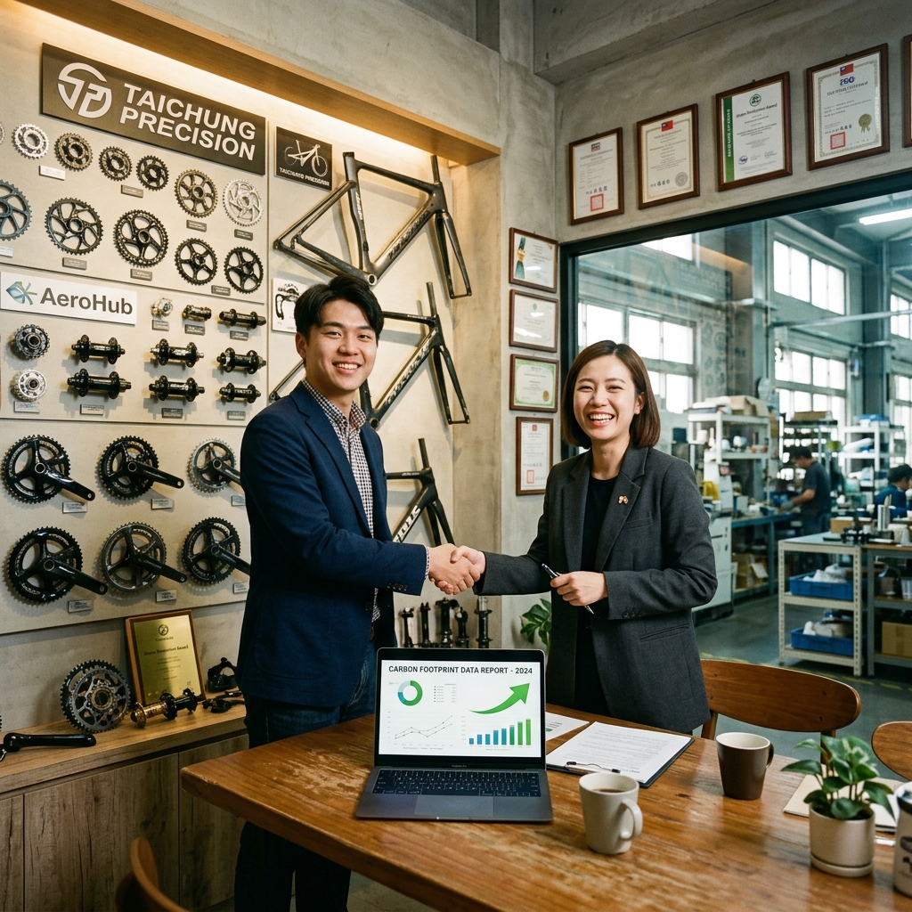 台中自行車零件廠二代與銀行代表握手,背後展示精密齒輪零件