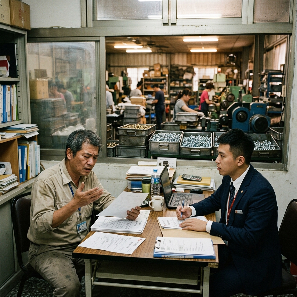 岡山螺絲廠老闆與銀行經理在工廠辦公室談貸款