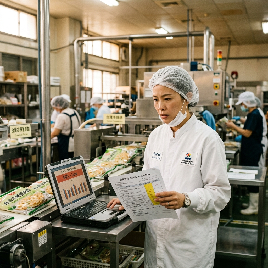 台中食品加工廠品保經理拿著評鑑表看著筆電上的低分數據